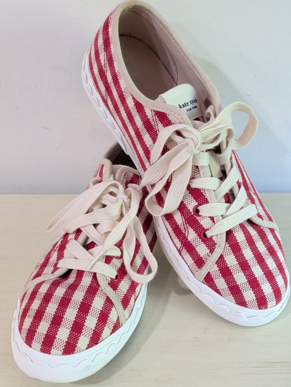 kate spade Red and Cream Gingham Lace-Up Sneakers Size 8